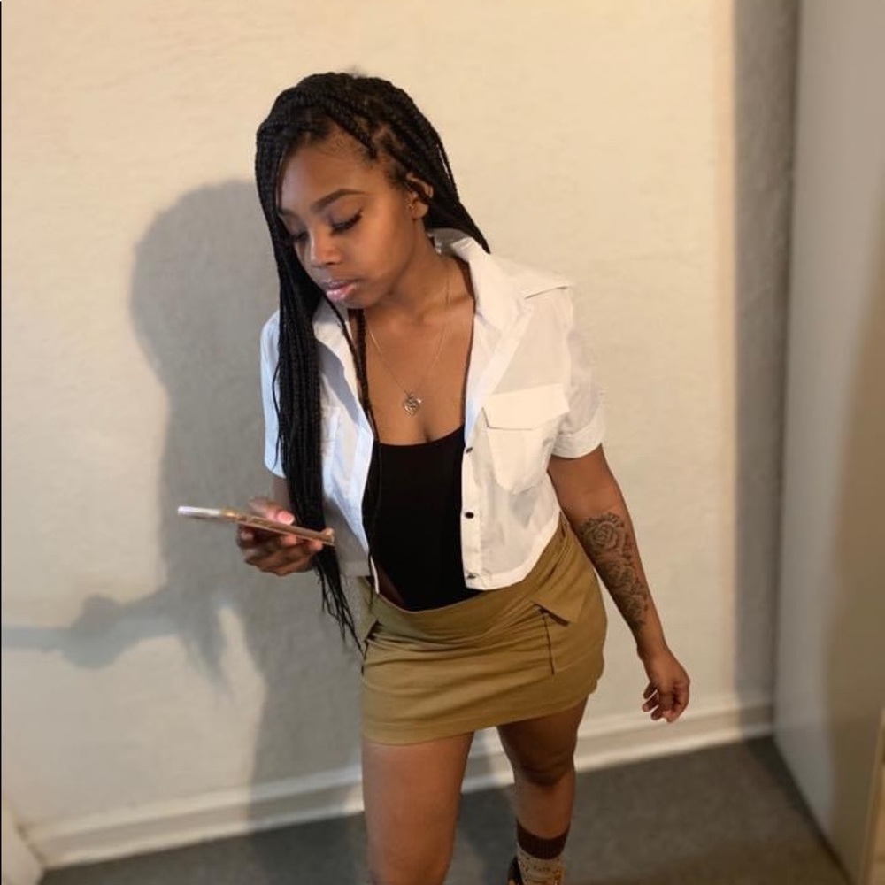Brown Skirt with Pockets, White Cropped Shirt